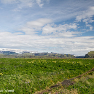 2012-07-24 - Groene vlakte bij uitzicht op een gletsjer<br/>Tussen Vik en Skaftafell - IJsland<br/>Canon EOS 7D - 24 mm - f/8.0, 1/400 sec, ISO 200