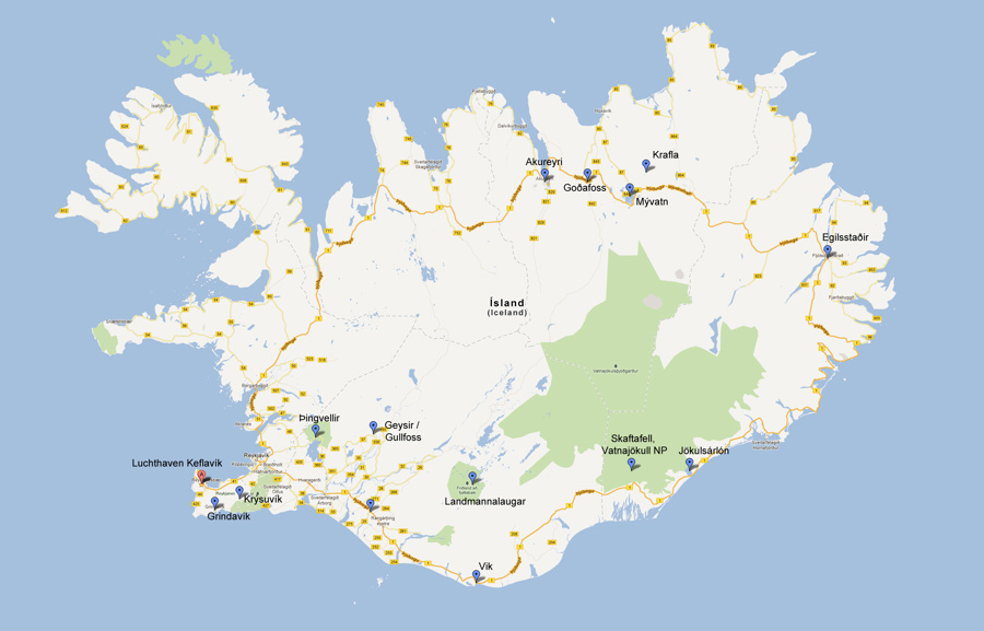 Onze route over IJsland op de kaart