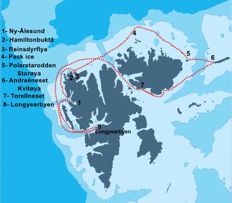 Afgelegde route rondom Spitsbergen